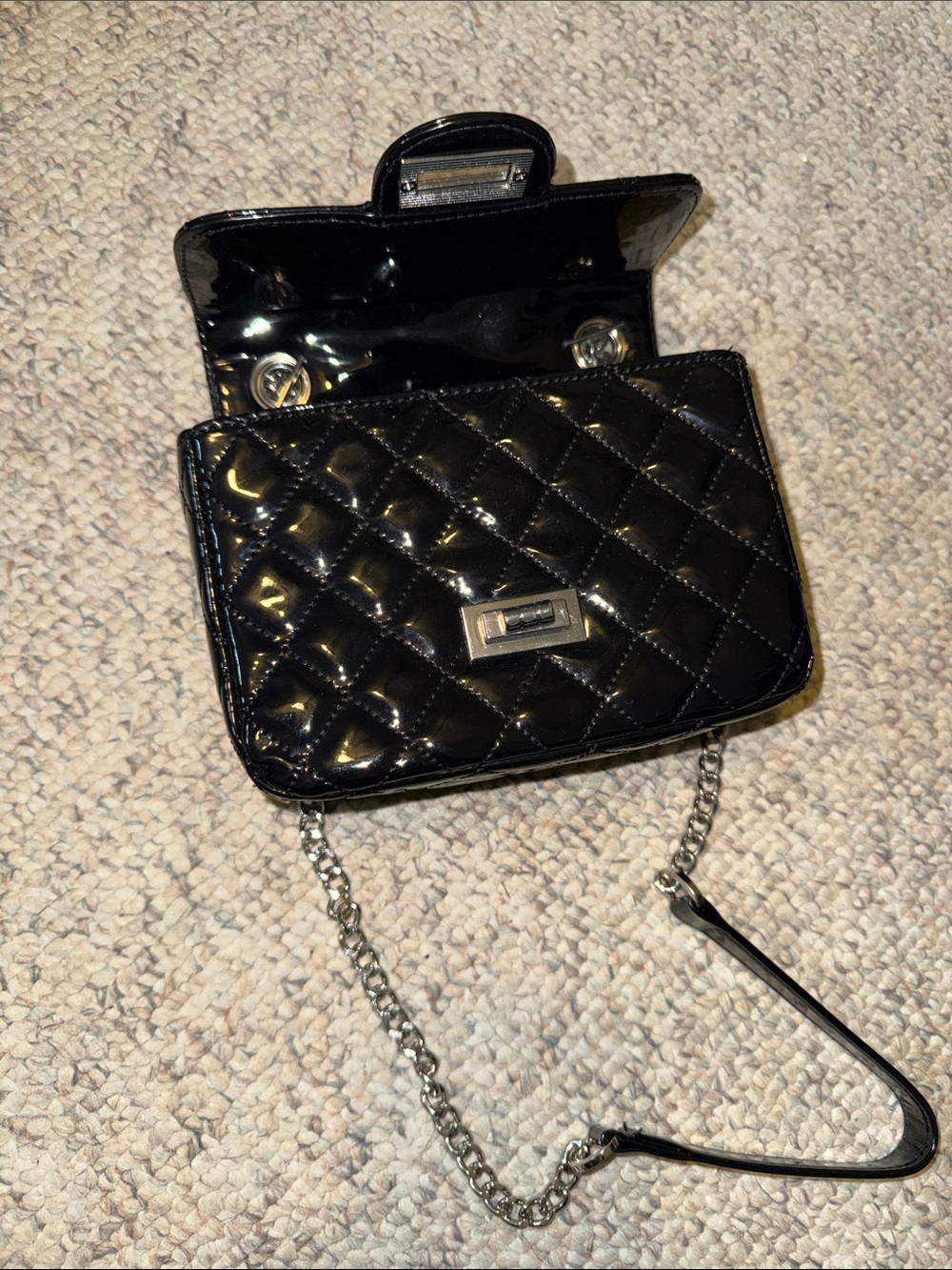 BE COOL Black Quilted Patent Crossbody with Chain Strap